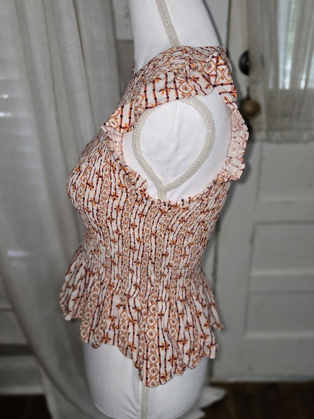 Lost + Wander Cream and Rust Floral Smocked Peplum Blouse - Picture 4 of 5